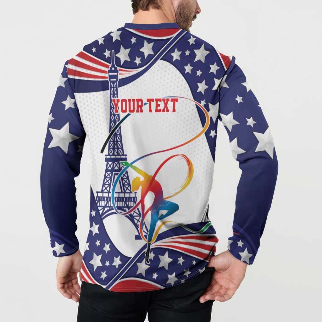 Blue button sweatshirt with stars and “YOUR TEXT” back print, long sleeves