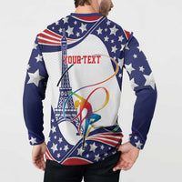 Blue button sweatshirt with stars and “YOUR TEXT” back print, long sleeves