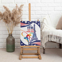 Framed blue and white USA gymnastics wall art canvas on wooden easel