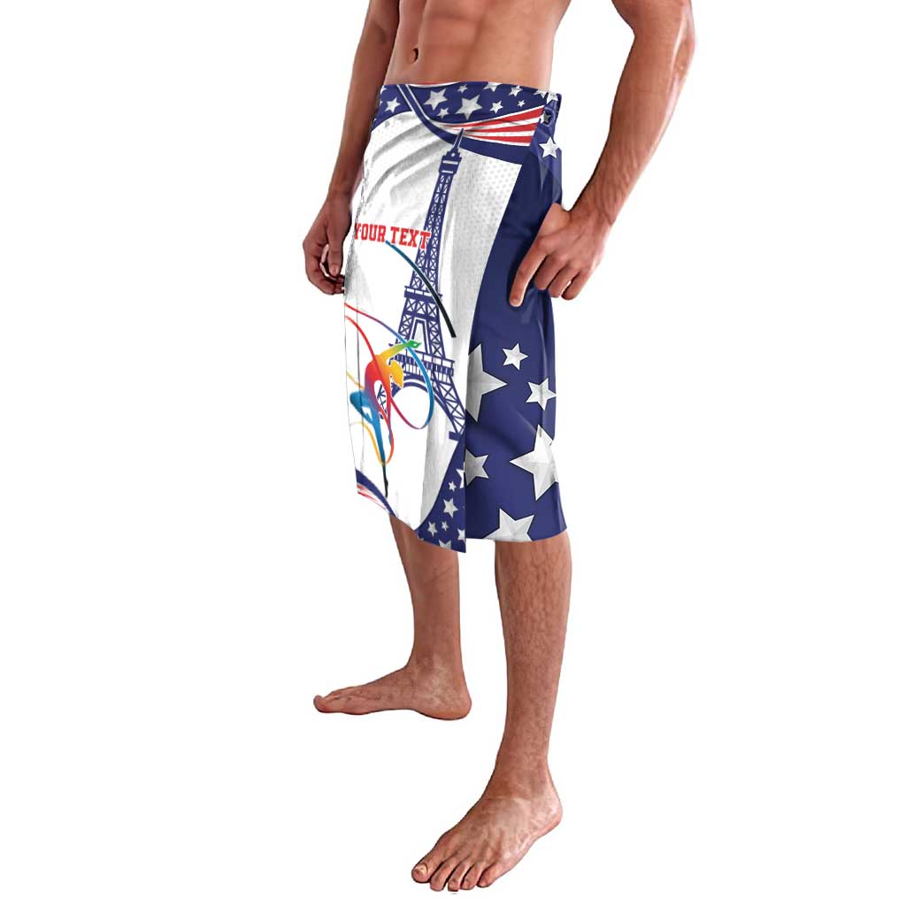 Blue personalized athletic shorts with Eiffel Tower graphic and star accents