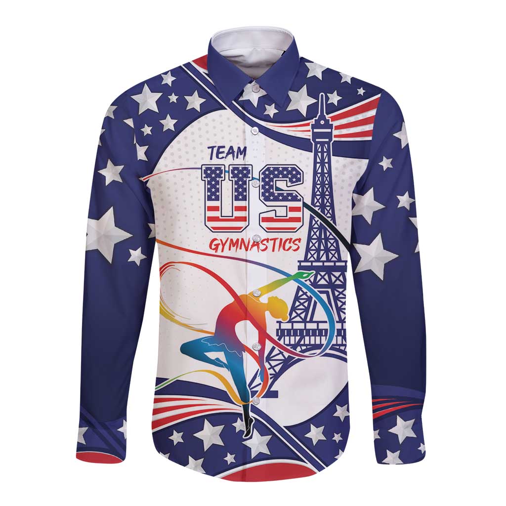 Blue long-sleeve button-up shirt with star pattern and gymnastics USA graphic