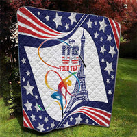 Personalized USA gymnastics quilt folded outdoors, white center with blue stars and gymnast