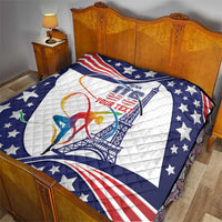 Personalized USA gymnastics quilt on bed, blue stars, red-white stripes and gymnast artwork