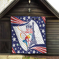 Personalized USA gymnastics quilt on wall panel, blue stars, Eiffel Tower and gymnast graphic
