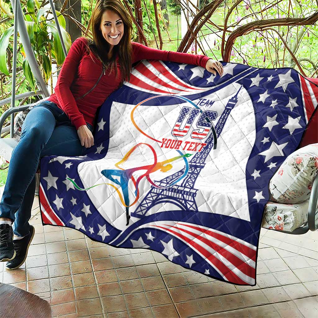 Personalized USA gymnastics quilt laid on patio, blue stars, red stripes, gymnast and Eiffel