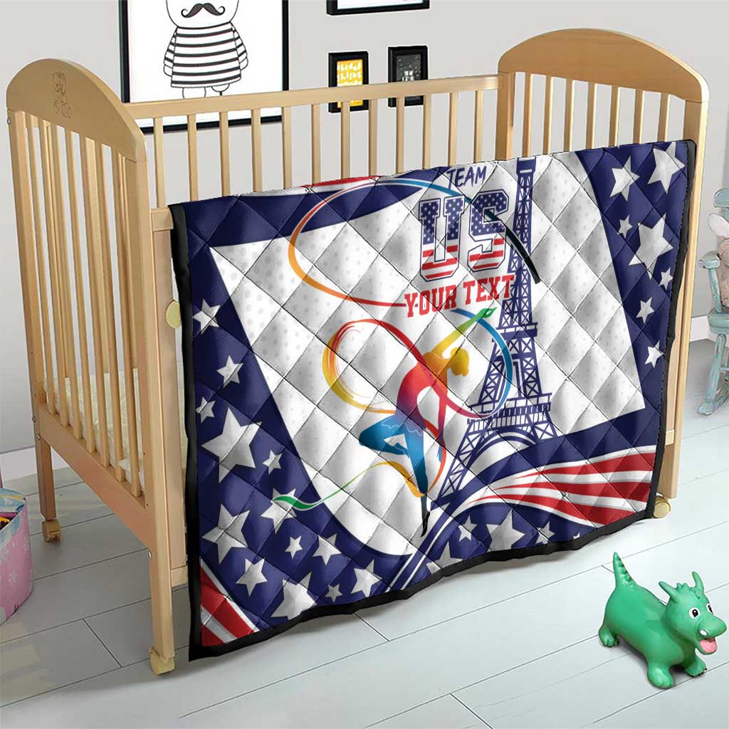Personalized USA gymnastics quilt on bed, blue star border with red-white stripes and Eiffel