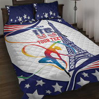 Personalized USA gymnastics quilt bed set with blue star border and colorful graphic on white