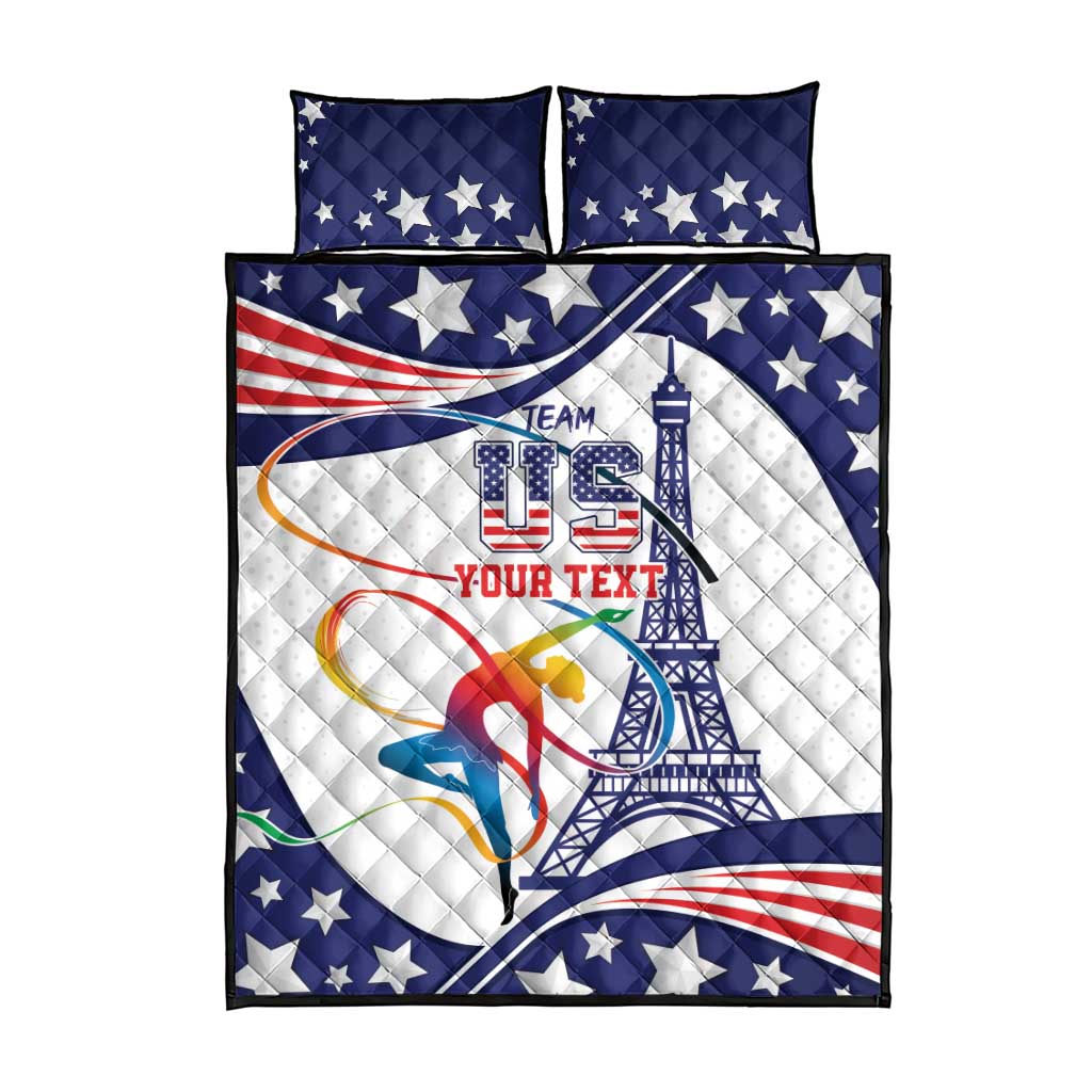 Personalized USA gymnastics quilt bed set featuring blue and red stars, Eiffel and text design