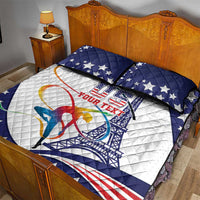 Personalized USA gymnastics quilt bed set with navy blue quilt, stars, and colorful text graphic