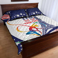 Personalized USA gymnastics quilt bed set with white quilt, navy stars, and bold sport graphic