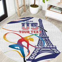 Round sports carpet with blue gymnast silhouette and Eiffel Tower graphic, close view