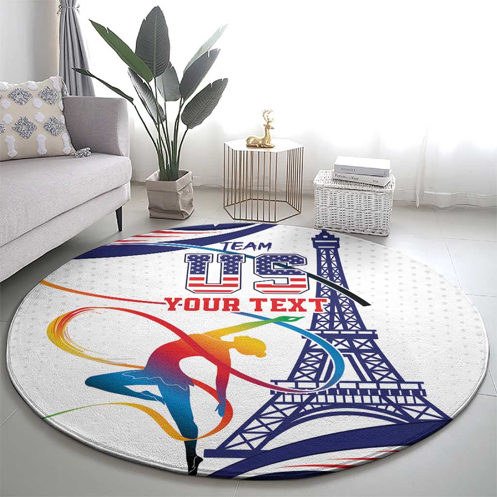 Round sports carpet with blue gymnast and Eiffel Tower design, on floor