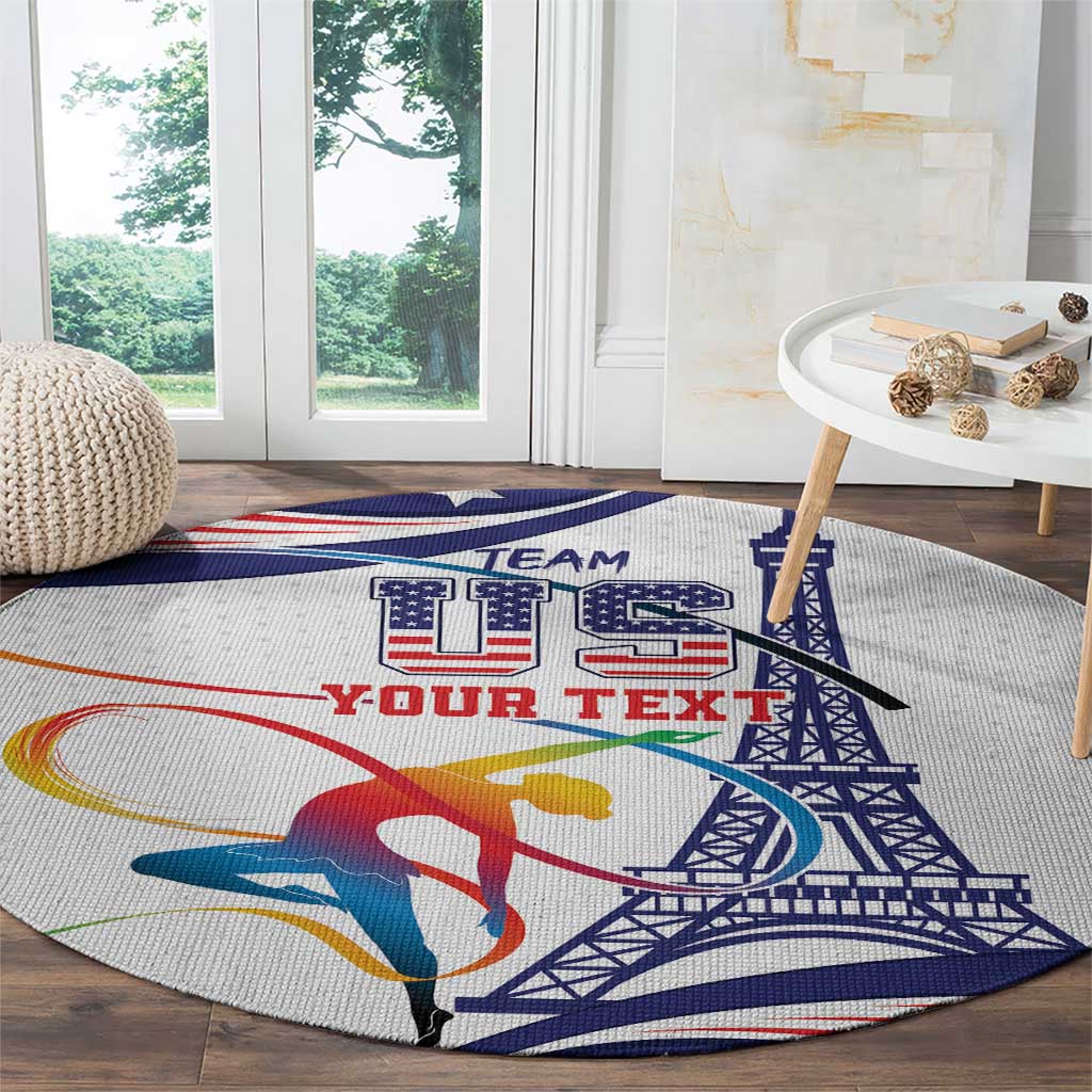 Round sports carpet with blue gymnast and Eiffel Tower, red and white lettering