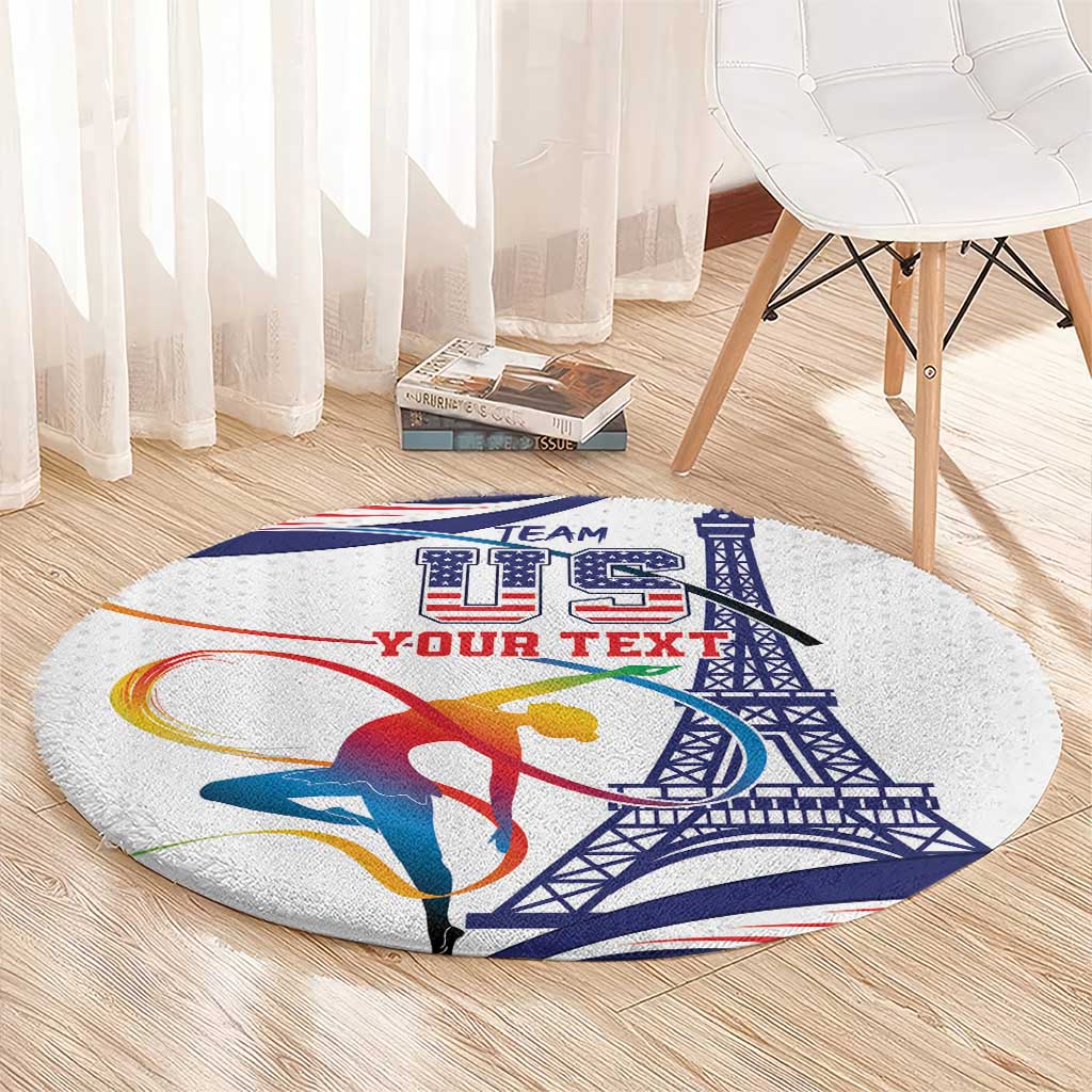 Round sports carpet with blue gymnast and Eiffel Tower graphic, round edge details