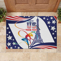Blue rubber doormat on stone steps with stars, gymnast graphic, and Eiffel Tower