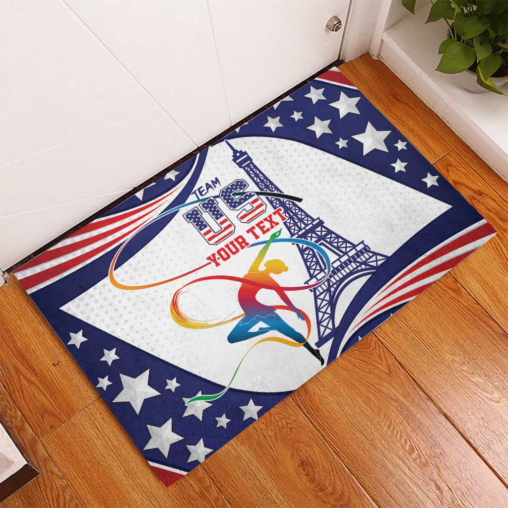 Blue rubber doormat with stars, gymnast graphic, and Eiffel Tower; says TEAM YOUR TEXT