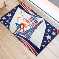 Blue rubber doormat corner view with stars border and gymnast graphic over Eiffel Tower