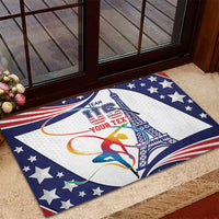 Blue rubber doormat near door with stars border and gymnast graphic; TEAM YOUR TEXT