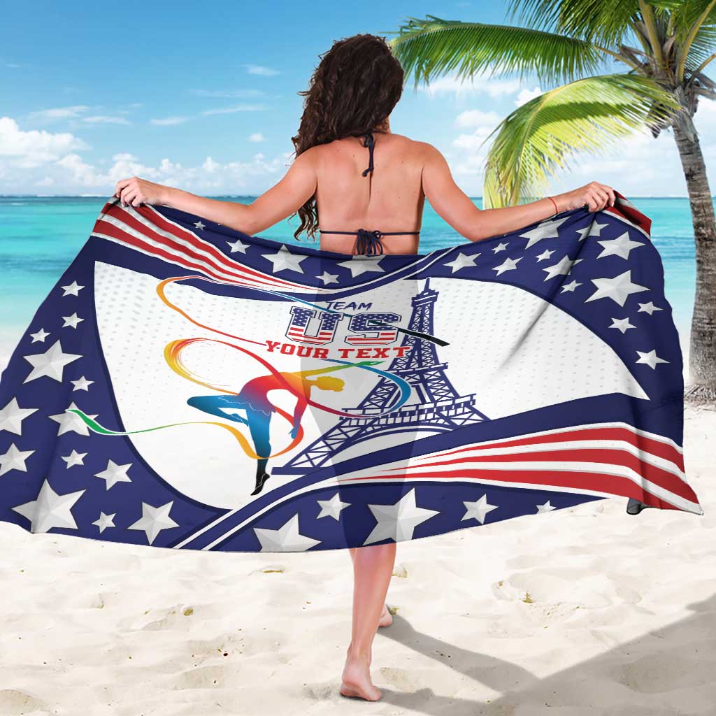 Gymnastics sarong spread wide, navy stars, red stripes, and Eiffel Tower graphic