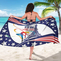 Gymnastics sarong spread wide, navy stars, red stripes, and Eiffel Tower graphic