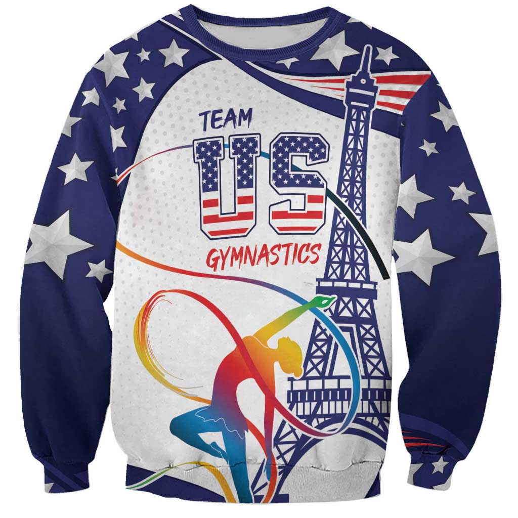 Blue sweatshirt with stars, “TEAM USA GYMNASTICS” text, and tower graphic print