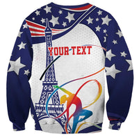 Blue sweatshirt with stars, tower graphic, and red “YOUR TEXT” center print
