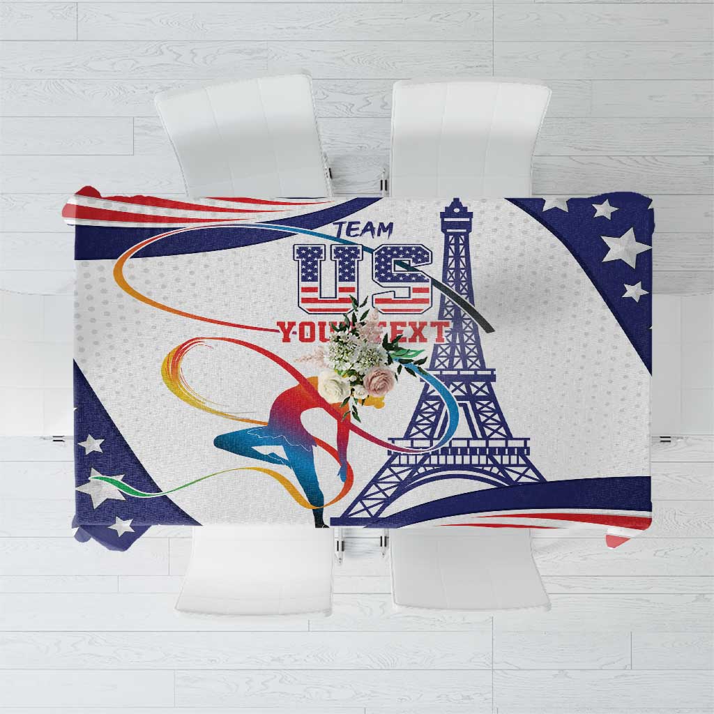 White-backed tablecloth with USA Gymnastics centerpiece graphic, stars and red stripes