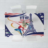 White-backed tablecloth with USA Gymnastics centerpiece graphic, stars and red stripes