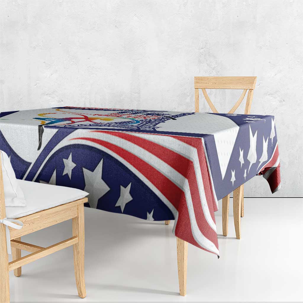 Blue and red striped patriotic tablecloth with star accents draped over dining table