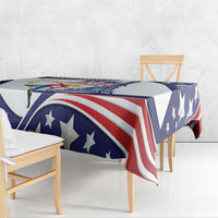 Blue and red striped patriotic tablecloth with star accents draped over dining table