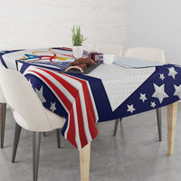 Blue, red and white patriotic tablecloth with stars, stripes and USA Gymnastics graphic