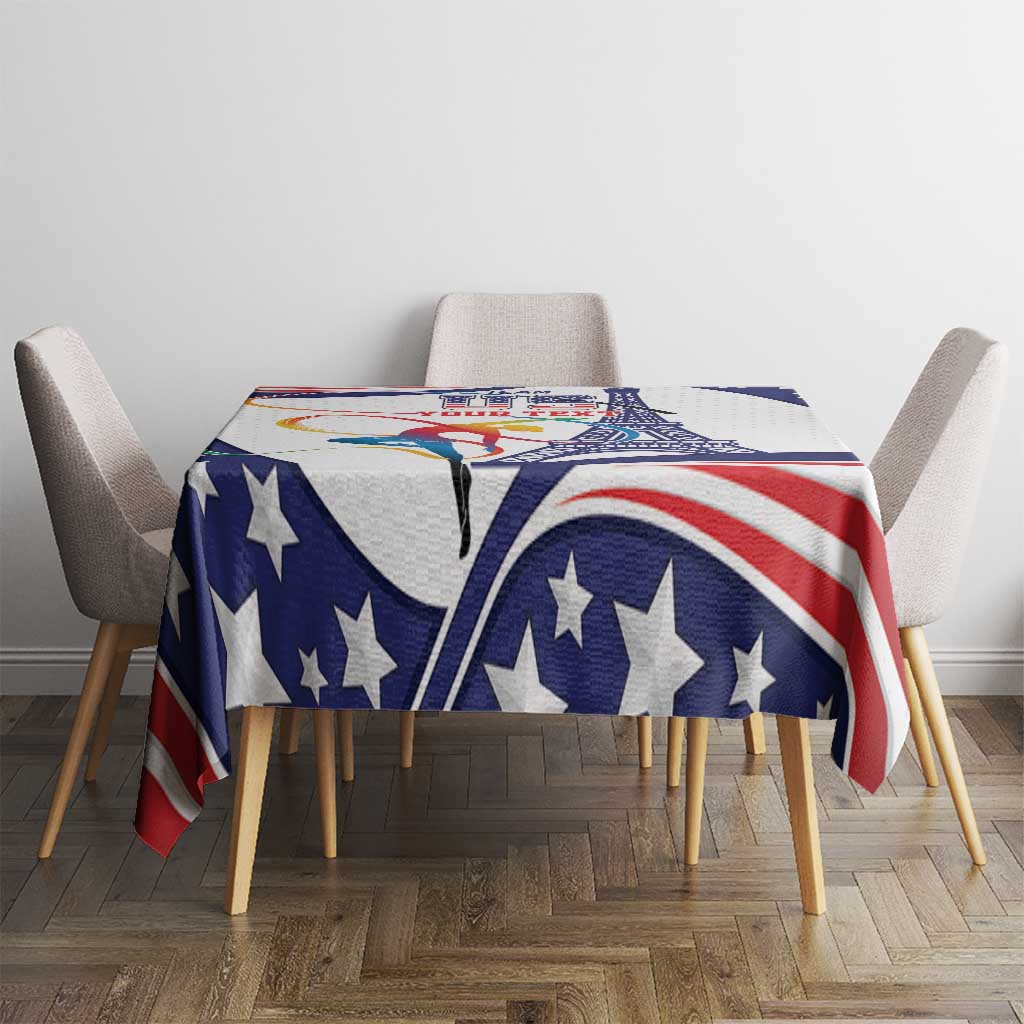 Patriotic tablecloth in navy, red and white with stars and gymnastics graphic at center