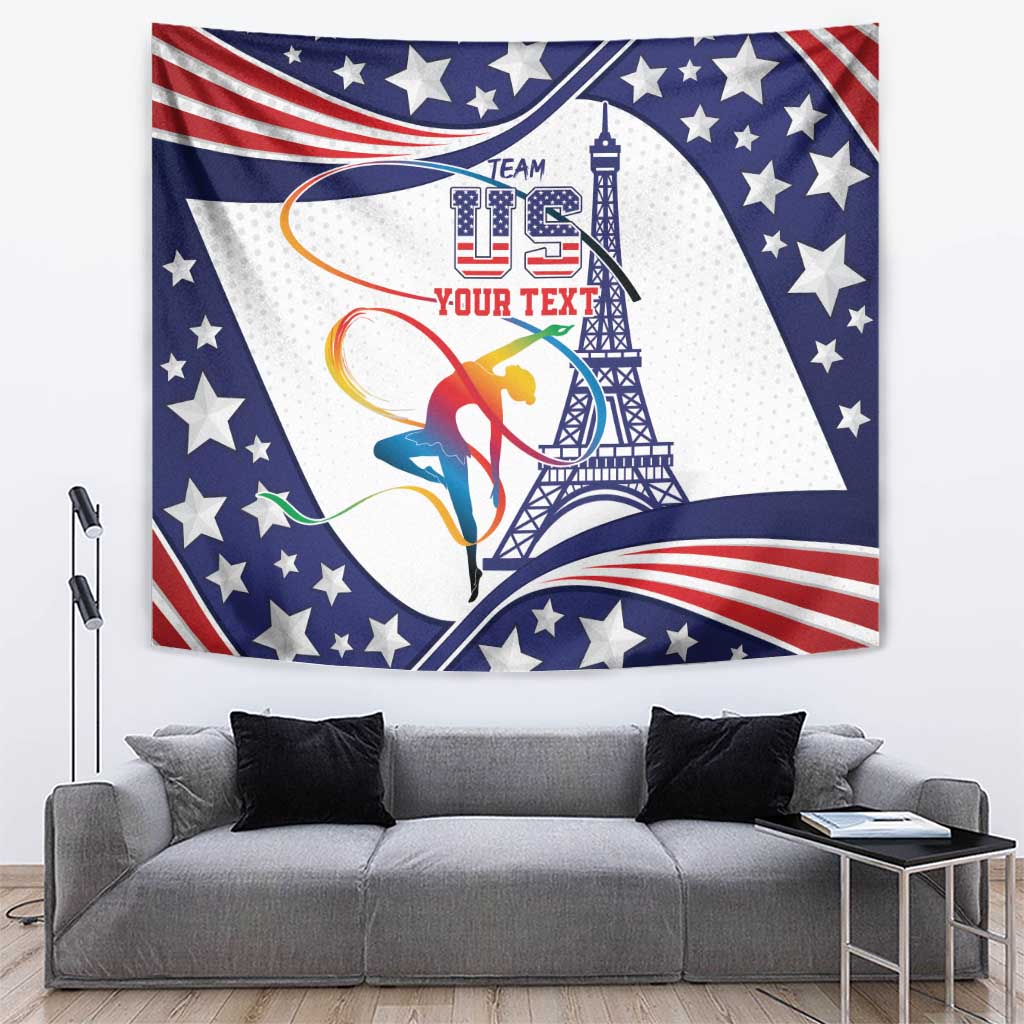 Personalized USA gymnastics tapestry on wall, blue stars, gymnast, Eiffel Tower and red-white swirls