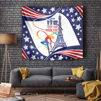 Personalized USA gymnastics tapestry: blue stars, gymnast, Eiffel Tower and red-white stripes