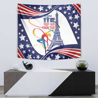 Personalized USA gymnastics tapestry with blue stars, Eiffel Tower, gymnast silhouette and stripes