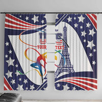 USA gymnastics window curtain set with stars-and-stripes graphic and tower illustration