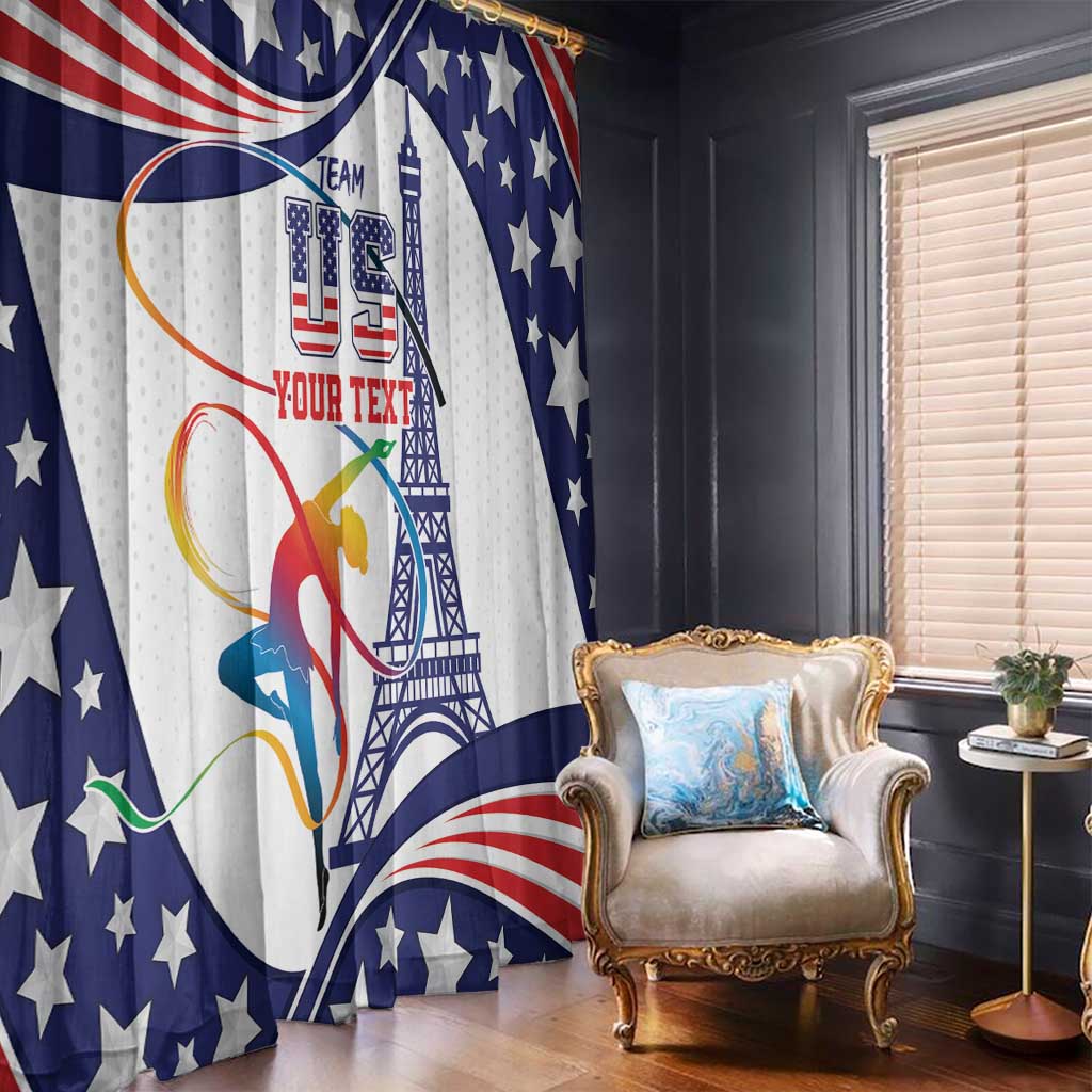 Blue-and-red USA gymnastics window curtains with stars, stripes, and tower design