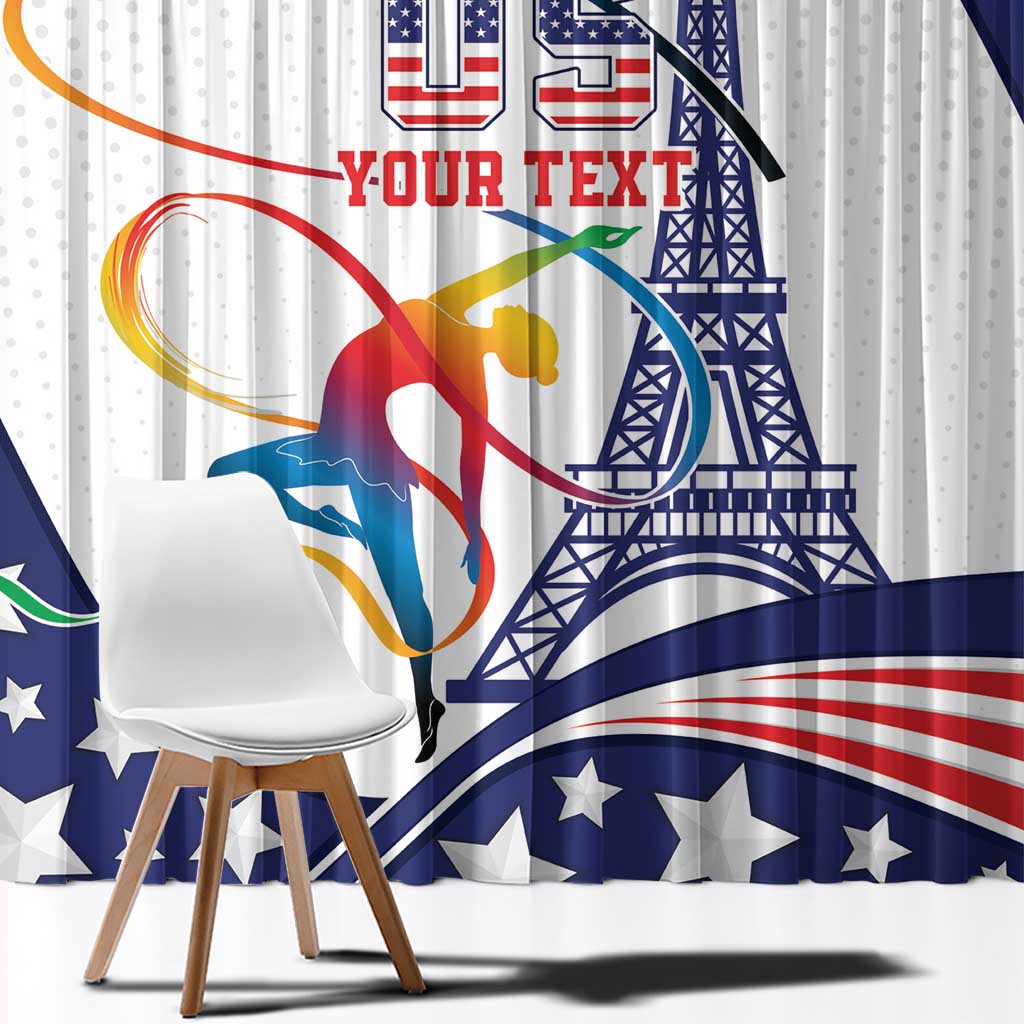USA gymnastics window curtain close-up with stars, stripes, and colorful leaping figure