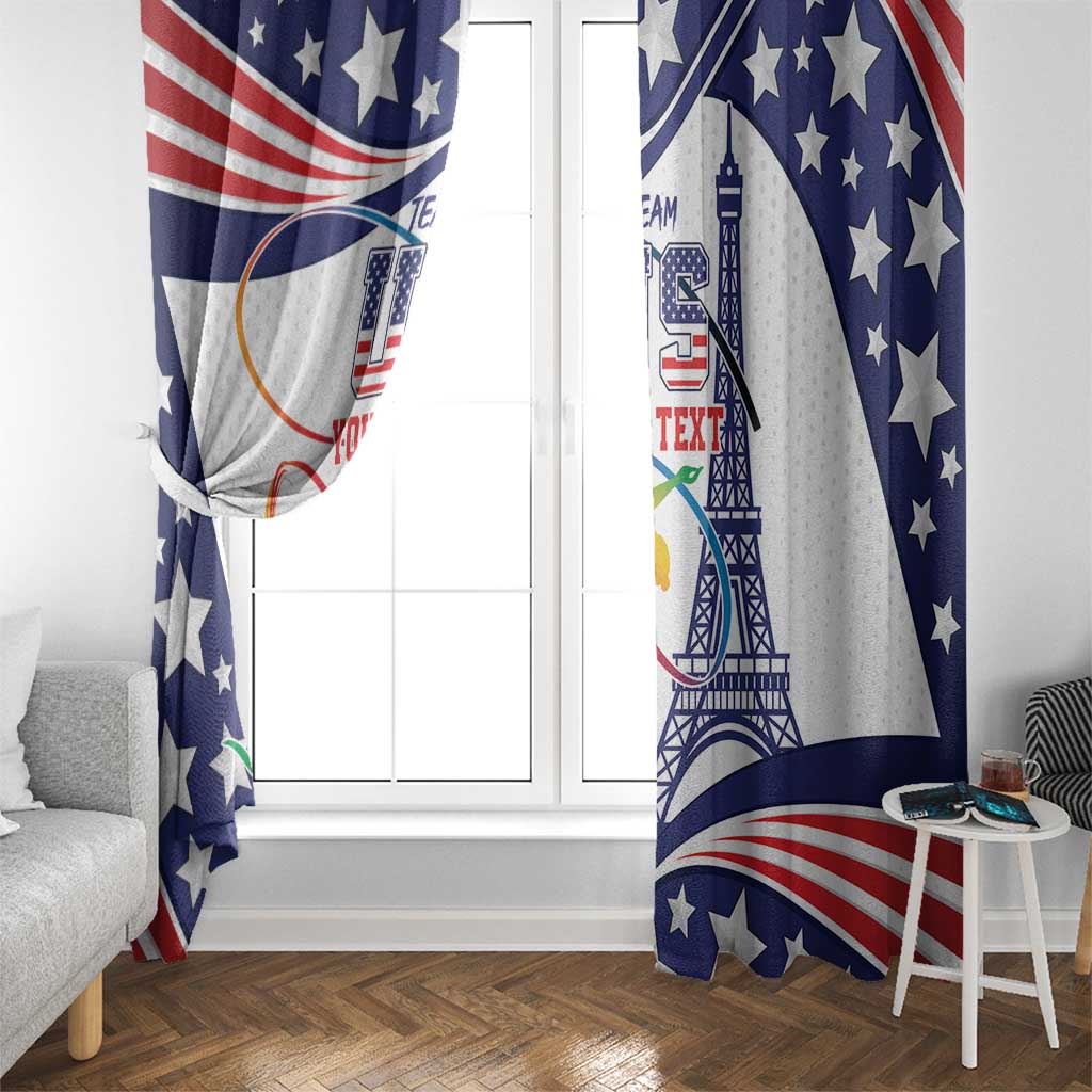 USA gymnastics window curtains by a white door and window, stars-and-stripes tower artwork