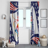 USA gymnastics window curtain panels with stars, stripes, and tower illustration