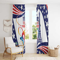 USA gymnastics window curtain panels with blue stars, red stripes, and tower graphic