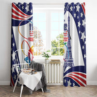 USA gymnastics window curtain panels hanging in front of a radiator, stars-and-stripes design