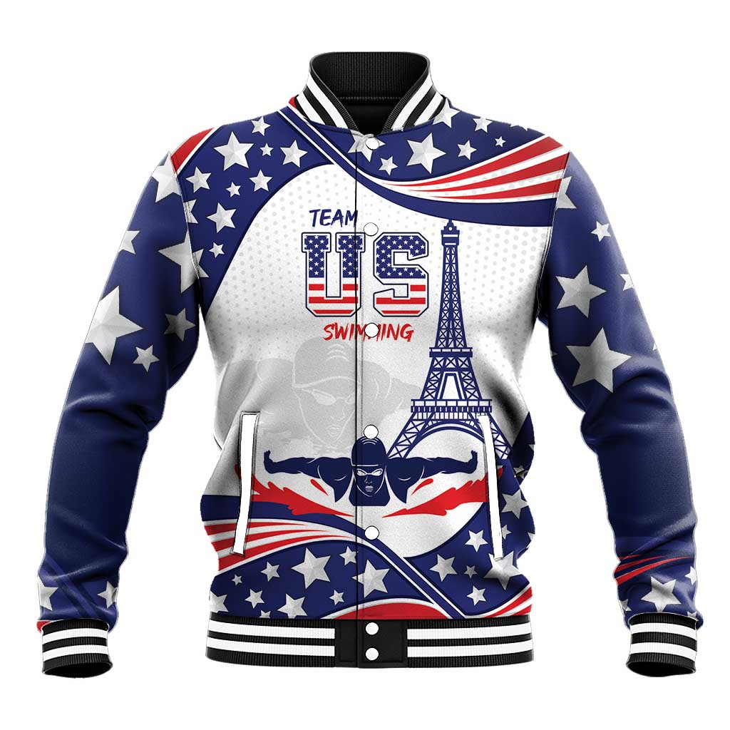 Blue and white baseball jacket with stars, flag design, TEAM USA SWIMMING graphic, snap front