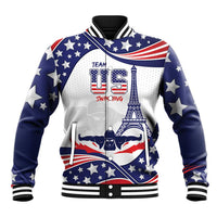 Blue and white baseball jacket with stars, flag design, TEAM USA SWIMMING graphic, snap front
