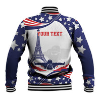 Blue baseball jacket with stars, flag graphic, striped ribbed collar and cuffs, front zipper