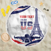Round beach blanket, white with US swim graphic, Eiffel Tower, “Your Text Team”