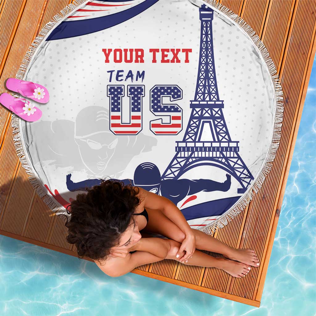 Round beach blanket with fringed edge, white US swim graphic and Eiffel Tower, “Your Text Team”