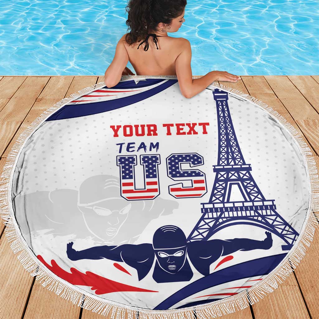 Round beach blanket, white US swim graphic with “Your Text Team” and Eiffel Tower