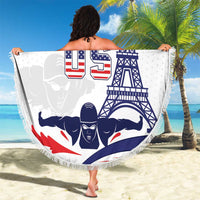 Round beach blanket, white with US swim graphic and Eiffel Tower, fringed border
