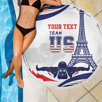 Round beach blanket, white with US swim graphic, Eiffel Tower, fringed edge